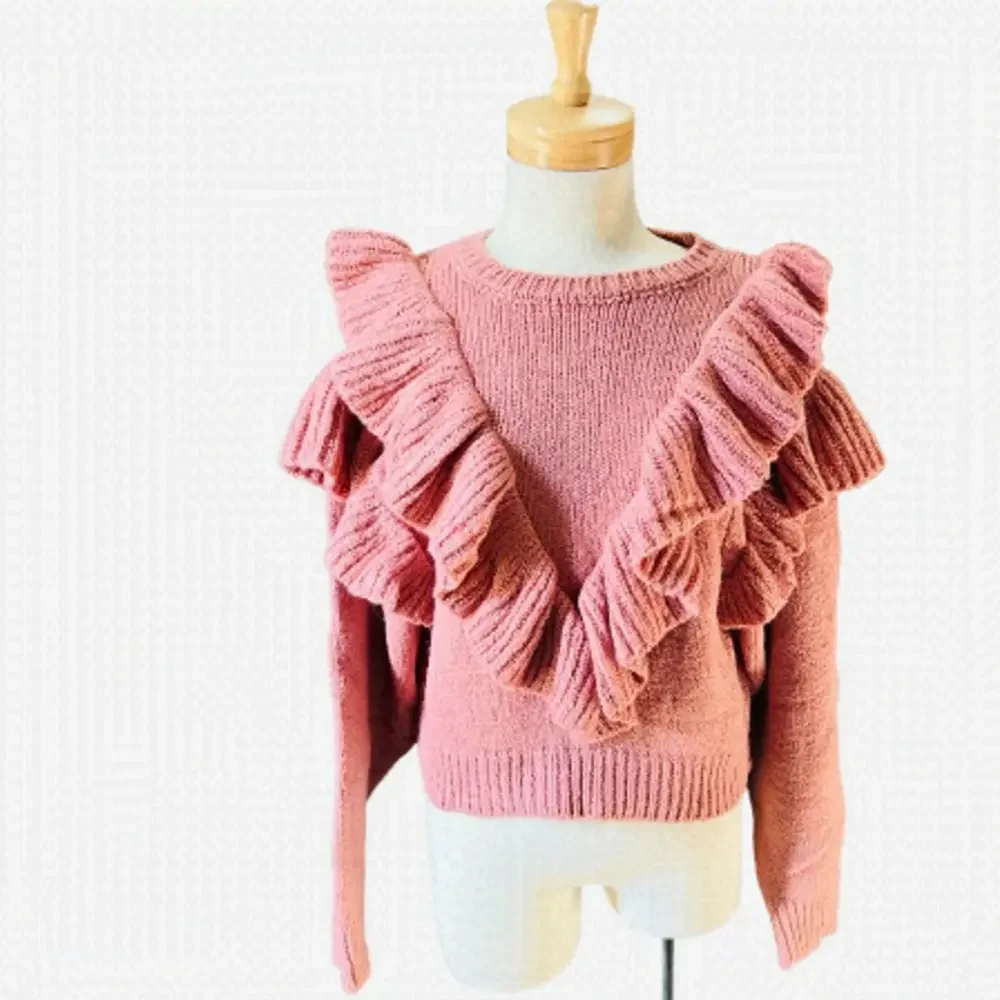 Pink Ruffle Crop Knit Sweater Women’s Size XL Cottagecore - Picture 2 of 12